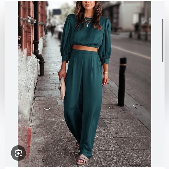 Pants - Long Puff Sleeve Crop Tops Loose Wide Long Palazzo
Pants new emerald green